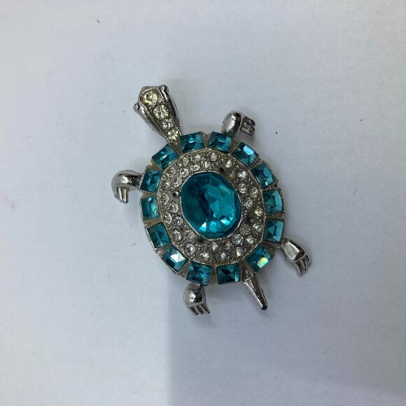 Vtg turtle rhinestone crystal turquoise blue brooch - Picture 1 of 2